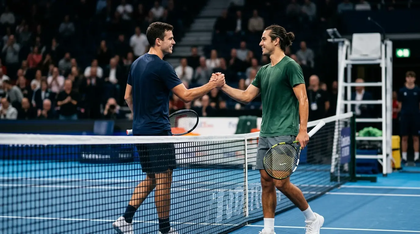 Dos tenistas profesionales masculinos saludándose en la red tras un partido sobre pista dura cubierta de un torneo ATP indoor