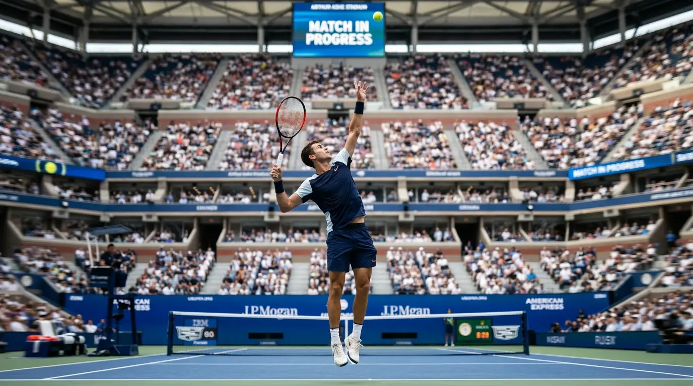 Jugador de tenis ATP sacando con efecto plano con marcador de aces en pantalla