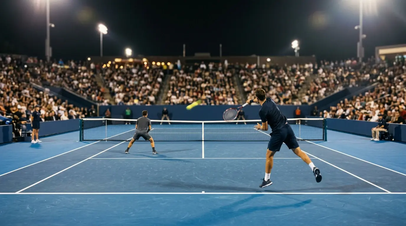 Pista de tenis ATP durante un partido en vivo con iluminación nocturna y público en las gradas