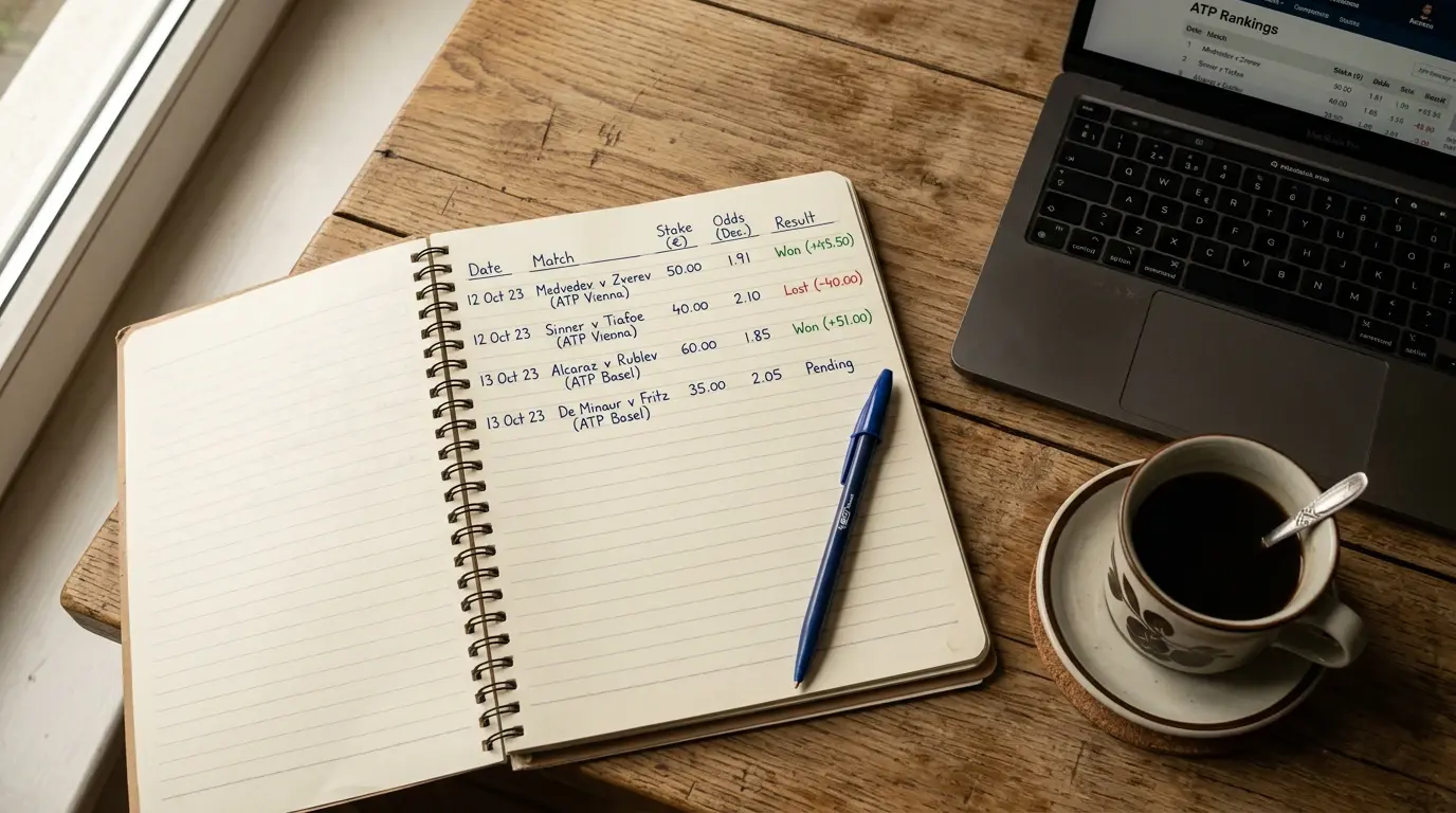 Libreta con anotaciones manuscritas de stakes y cuotas de partidos de tenis ATP sobre mesa