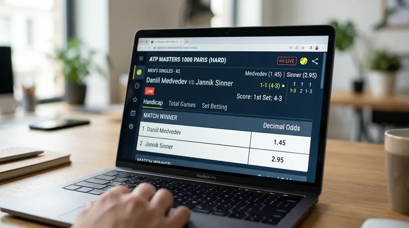 Pantalla de operador mostrando cuotas decimales de un partido de tenis ATP en pista dura