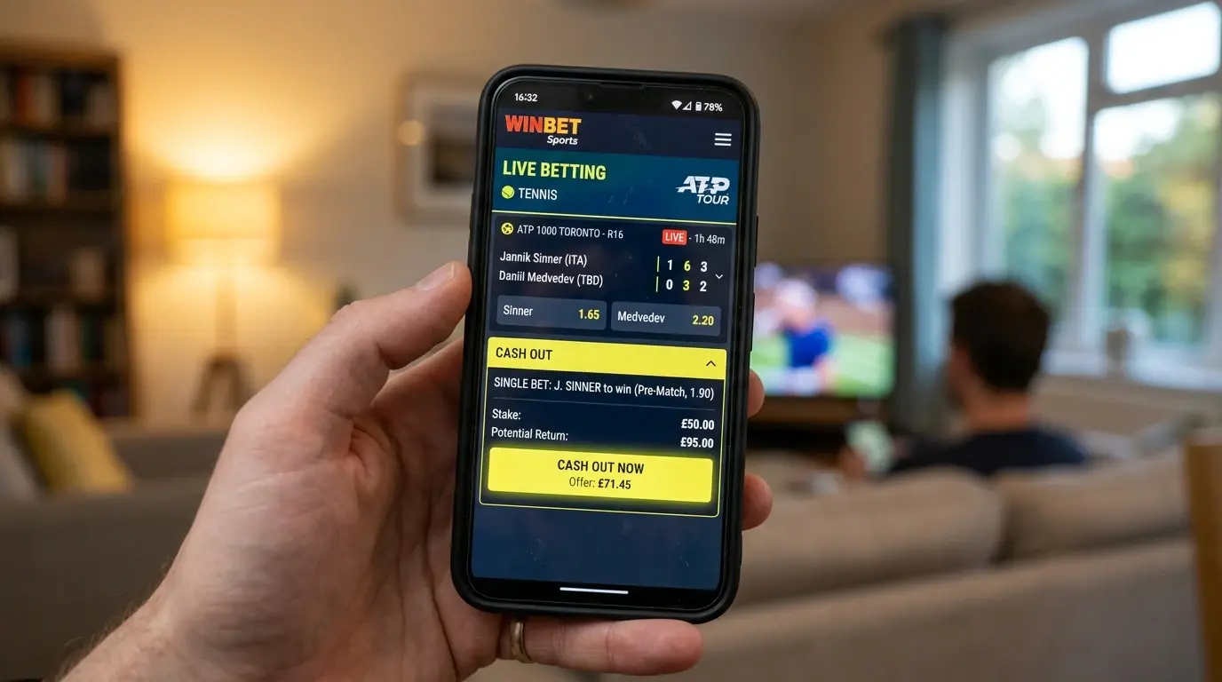 Pantalla de operador mostrando oferta de cash out durante un partido de tenis ATP