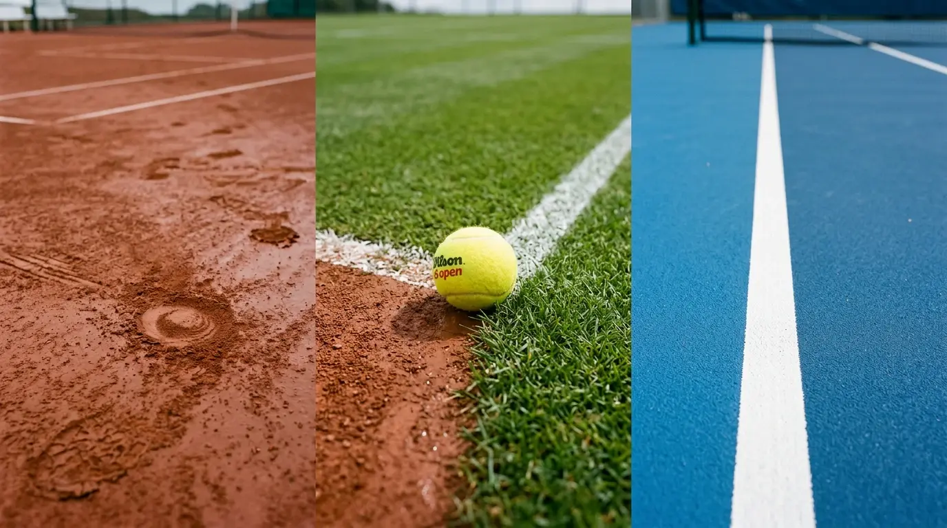 Tres superficies de tenis — tierra batida, hierba y pista dura — con datos superpuestos de ritmo y breaks