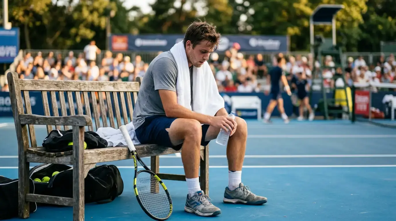 Tenista profesional masculino sentado en el banco entre juegos con toalla y botella sobre pista dura exterior de un torneo ATP