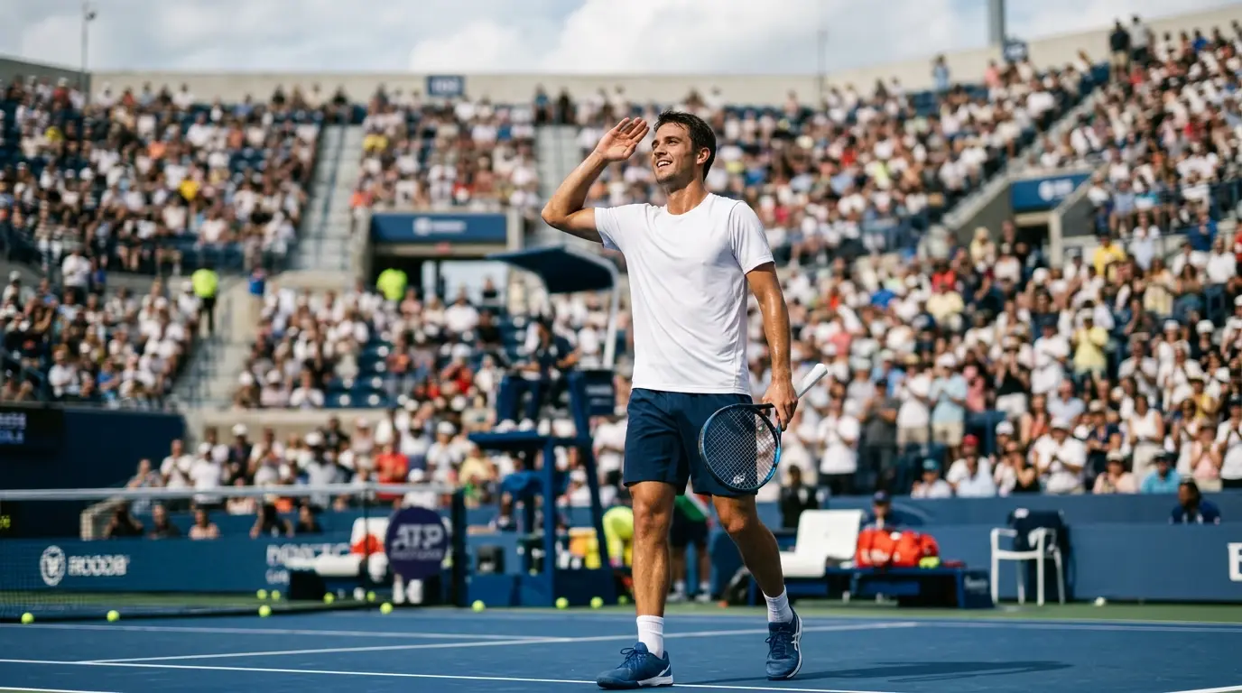 Jugador profesional de tenis ATP saludando al público tras ganar un partido sobre pista dura en torneo exterior