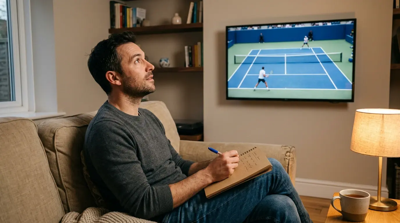 Aficionado al tenis tomando notas en cuaderno mientras ve un partido del circuito ATP en televisión en su salón