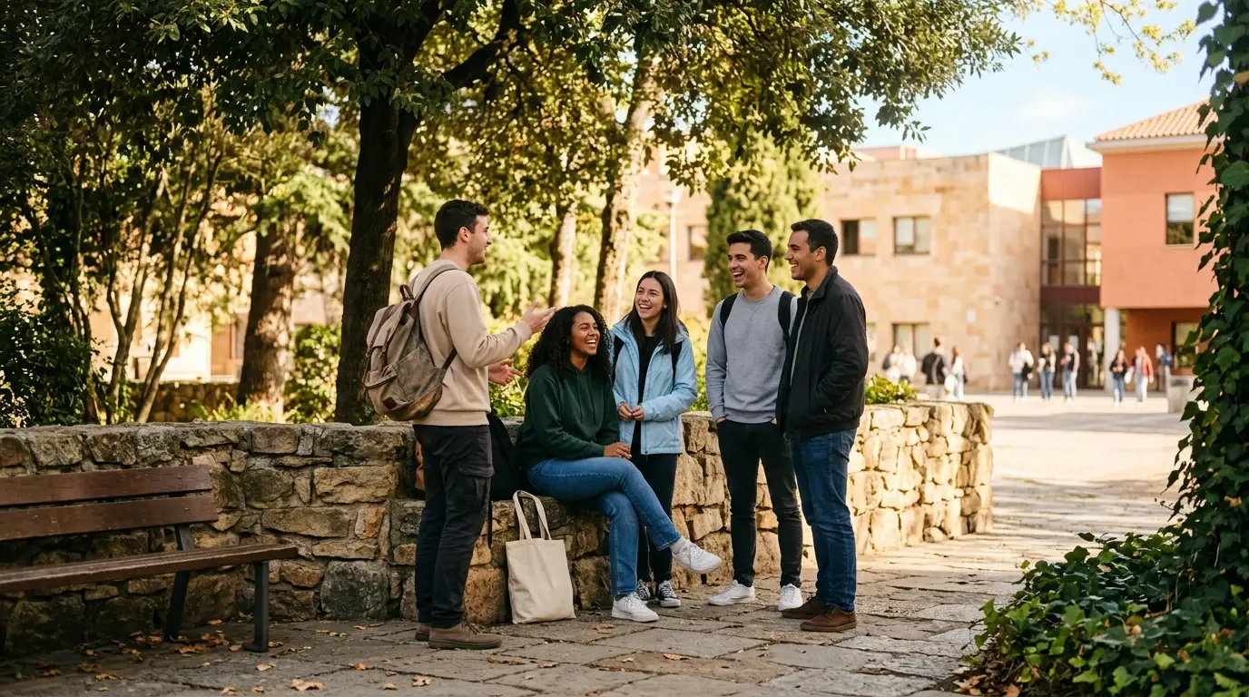 Grupo de estudiantes universitarios jóvenes conversando al aire libre en un campus español durante la tarde