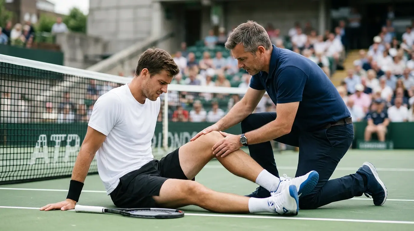 Fisioterapeuta atendiendo la rodilla de un tenista profesional masculino sentado junto a la red sobre pista de tenis exterior