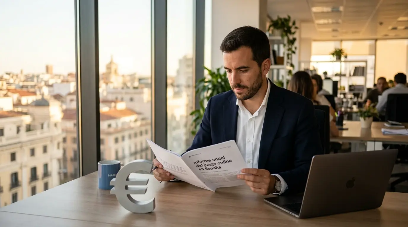 Vista de oficina analítica con datos del mercado español de apuestas online regulado por la DGOJ