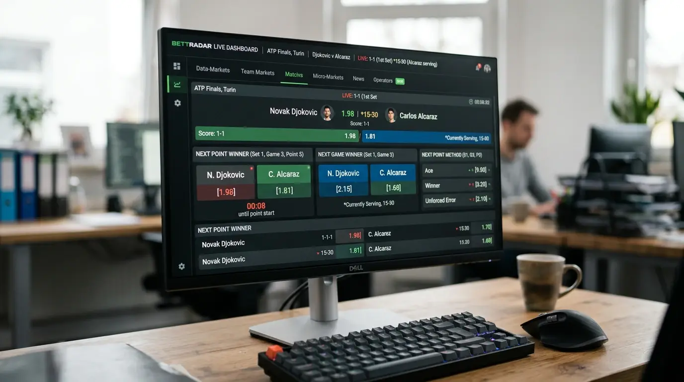 Pantalla de operador con micro-mercados punto a punto en un partido ATP