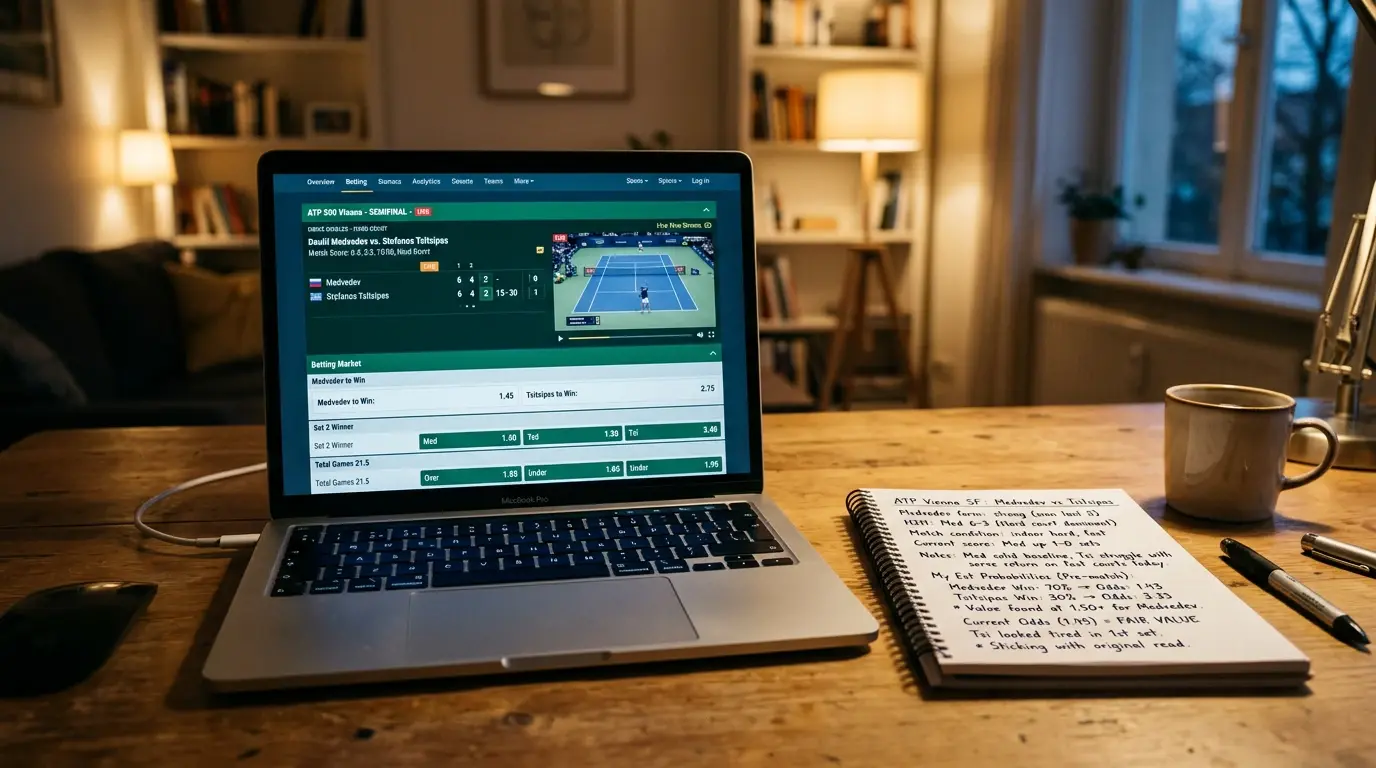 Pantalla de portátil con cuotas de un partido de tenis ATP y hoja de anotaciones manuscritas al lado
